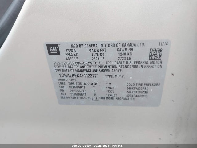 Chevrolet EQUINOX 1LT 2015 2GNALBEK4F1122771 Image 9