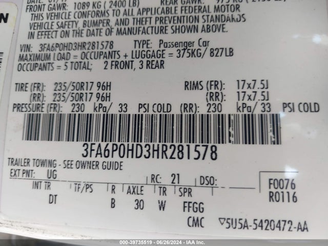 Ford FUSION SE 2017 3FA6P0HD3HR281578 Image 9