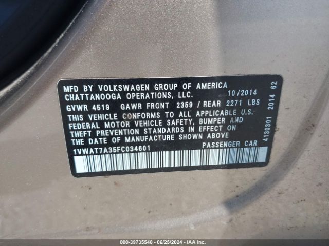 1VWAT7A35FC034601 Volkswagen Passat 1.8t Wolfsburg Edition