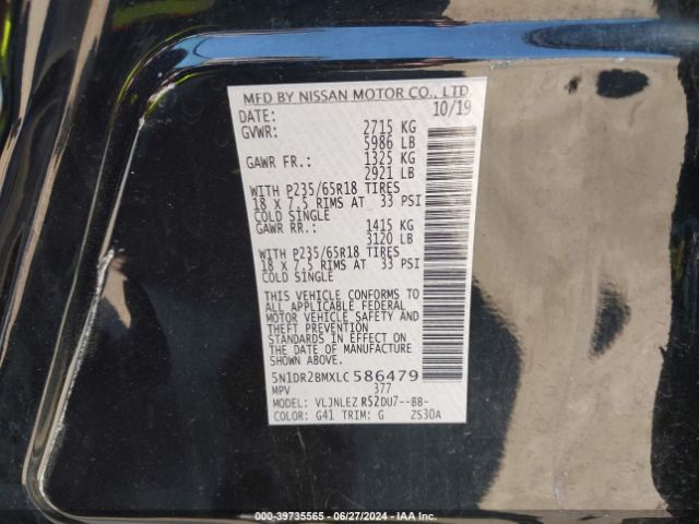 5N1DR2BMXLC586479 Nissan Pathfinder Sv 4wd