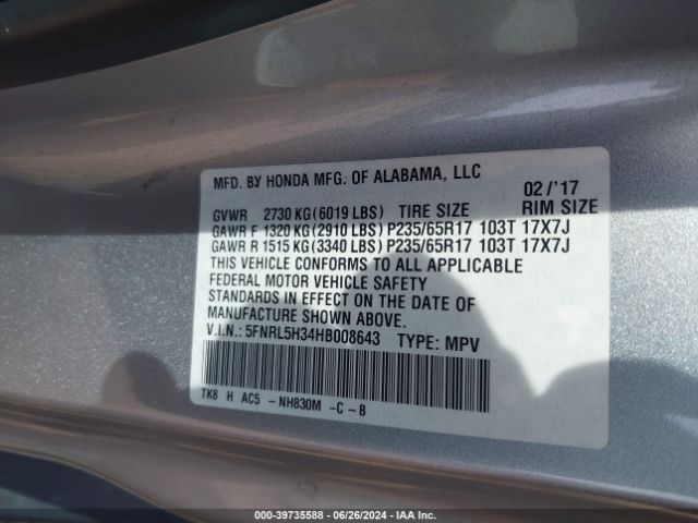 5FNRL5H34HB008643 Honda ODYSSEY SE