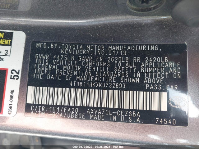 Toyota CAMRY SE 2019 4T1B11HKXKU732693 Image 9