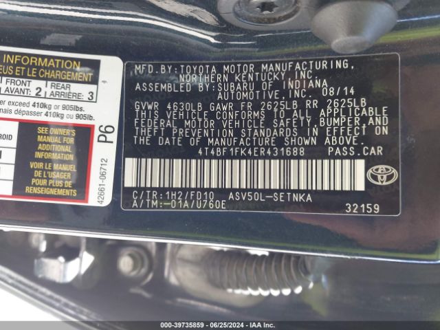 4T4BF1FK4ER431688 Toyota CAMRY LE