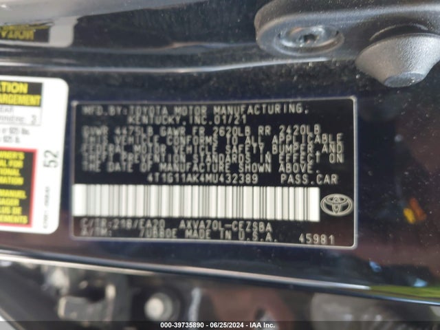 Toyota CAMRY SE 2021 4T1G11AK4MU432389 Image 9