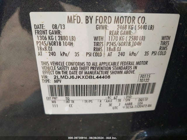 Продаж на аукціоні авто 2013 Lincoln Mkx, vin: 2LMDJ6JKXDBL44408, номер лоту: 39735914