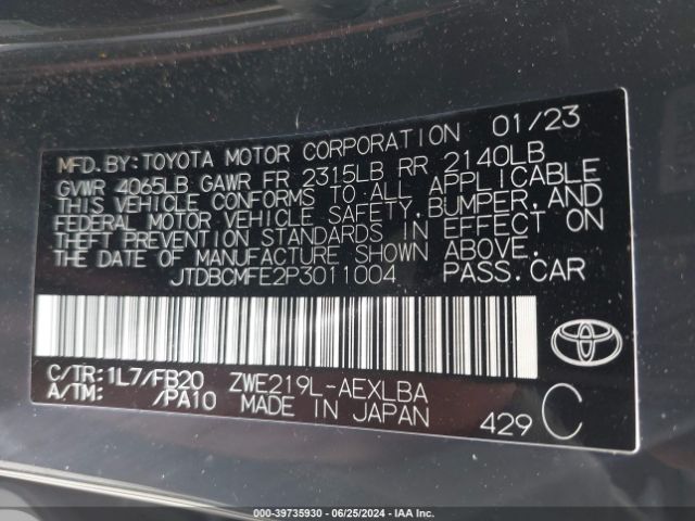 JTDBCMFE2P3011004 Toyota Corolla Hybrid Le