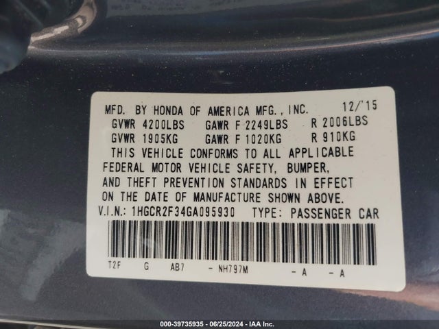 Honda ACCORD LX 2016 1HGCR2F34GA095930 Image 9