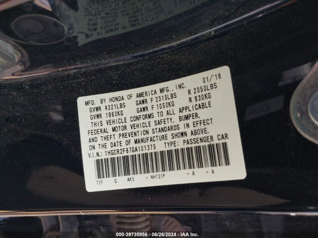 Honda Accord Ex-l 2016 1HGCR2F87GA101375 Image 9