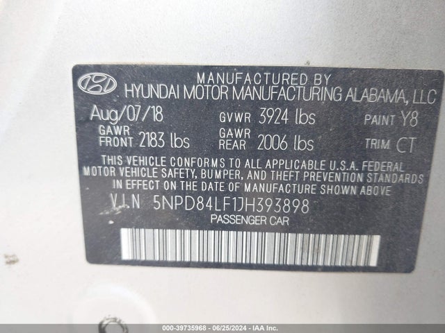 Hyundai ELANTRA SEL 2018 5NPD84LF1JH393898 Image 9