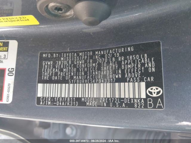 2019 TOYOTA COROLLA 5YFBURHE5KP943317 Photo 8