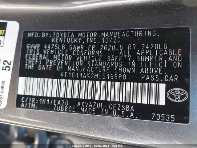 Toyota CAMRY SE 2021 4T1G11AK2MU516680 Image 9