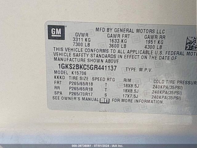 1GKS2BKC5GR441137 GMC YUKON SLT