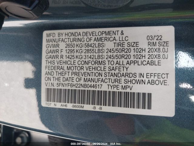 5FNYF6H22NB044617 Honda Pilot Awd Special Edition