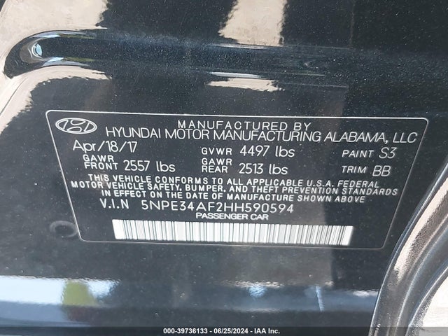 Hyundai Sonata Limited 2017 5NPE34AF2HH590594 Image 9