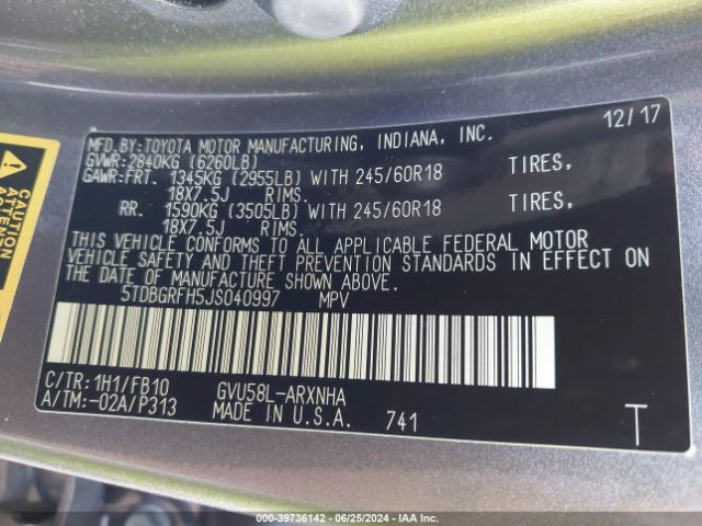 5TDBGRFH5JS040997 Toyota Highlander Hybrid Le