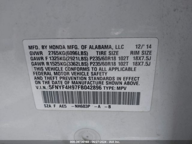 5FNYF4H97FB042896 Honda Pilot Touring