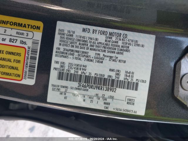 3FA6P0RU9KR138902 Ford Fusion Hybrid Titanium