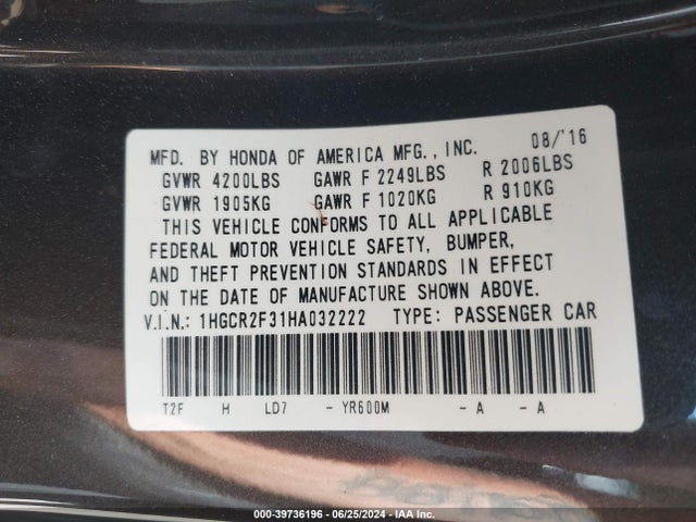 Honda ACCORD LX 2017 1HGCR2F31HA032222 Image 9