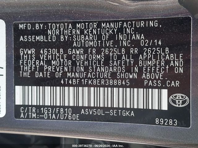 4T4BF1FK8ER388845 Toyota CAMRY XLE