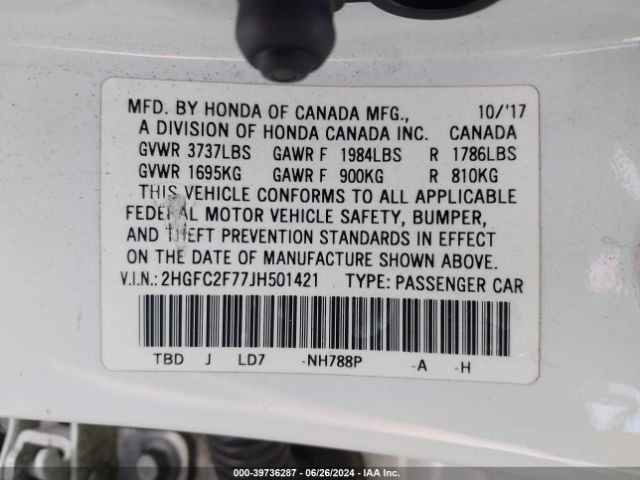 2HGFC2F77JH501421 Honda CIVIC EX