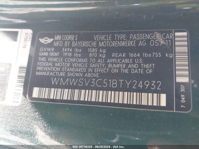 2011 MINI COOPER S WMWSV3C51BTY24932 Photo 8