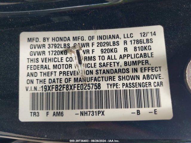 Honda CIVIC EX 2015 19XFB2F8XFE025758 Image 9
