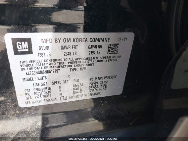 KL7CJNSM8NB512797 Chevrolet Trax Awd Ls