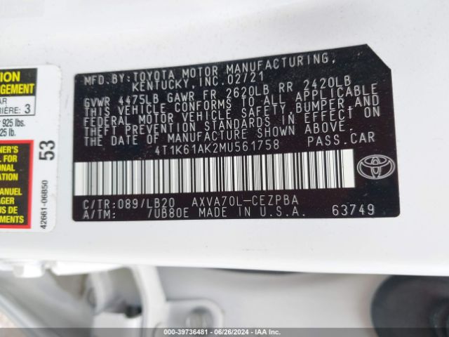 4T1K61AK2MU561758 Toyota CAMRY XSE