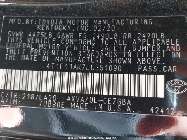 4T1F11AK7LU351090 Toyota CAMRY XLE