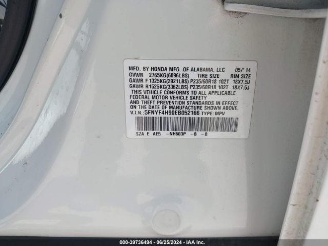5FNYF4H90EB052166 Honda Pilot Touring