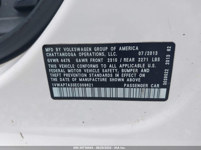 Volkswagen Passat 2.5l Wolfsburg Edition 2014 1VWAP7A33EC009621 Image 9