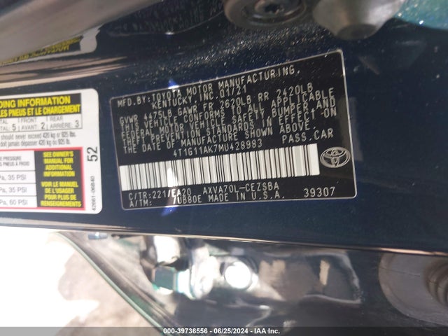 Toyota CAMRY SE 2021 4T1G11AK7MU428983 Image 9