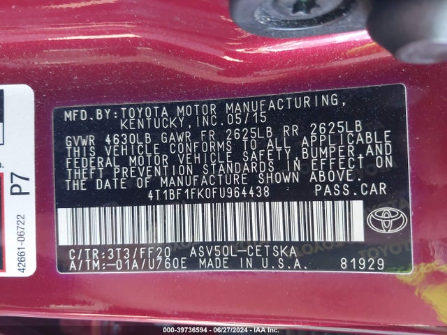 Toyota CAMRY SE 2015 4T1BF1FK0FU964438 Image 9