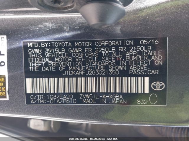 JTDKARFU2G3021350 Toyota Prius Four