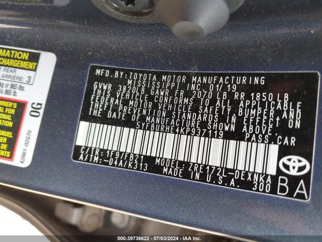 Toyota COROLLA LE 2019 5YFBURHE4KP937119 Image 9