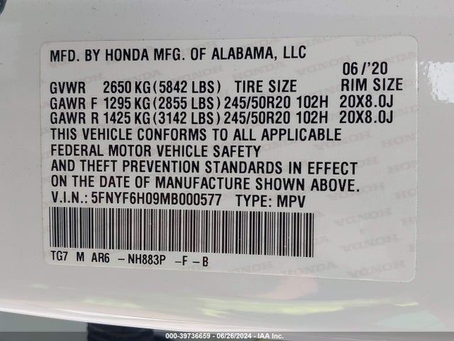 Honda Pilot Awd Elite 2021 5FNYF6H09MB000577 Image 9