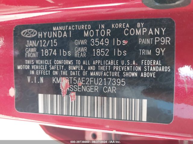 KMHCT5AE2FU217395 Hyundai ACCENT GS