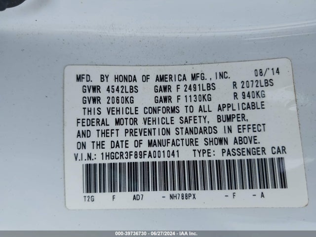 Honda Accord Ex-l V-6 2015 1HGCR3F89FA001041 Image 9