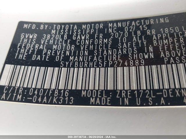 Toyota COROLLA LE 2015 5YFBURHE5FP274889 Image 9