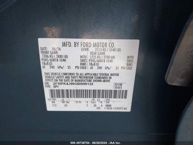 Ford EDGE SEL 2016 2FMPK4J99GBB99132 Image 9