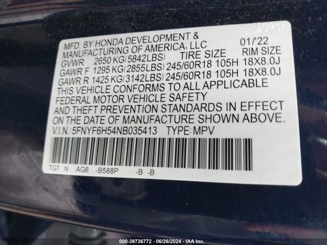 Honda Pilot Awd Ex-l 2022 5FNYF6H54NB035413 Image 9