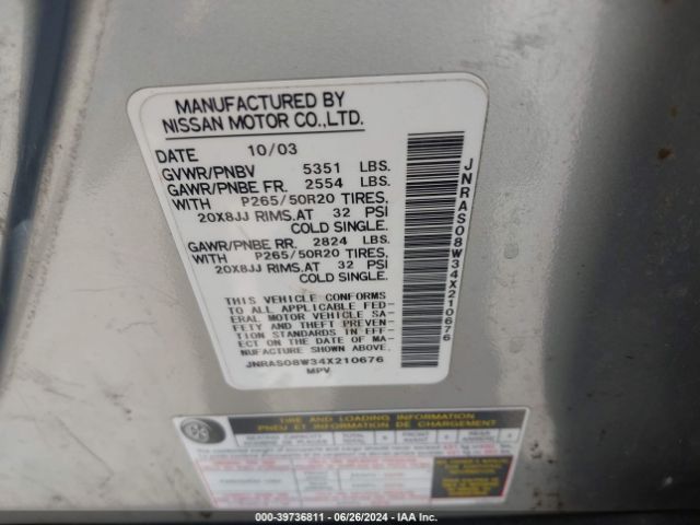 Auction sale of the 2004 Infiniti Fx35, vin: JNRAS08W34X210676, lot number: 39736811