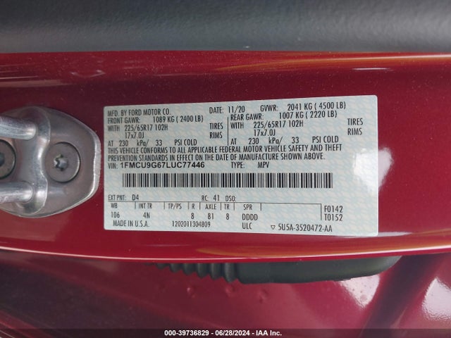 Ford ESCAPE SE 2020 1FMCU9G67LUC77446 Image 9