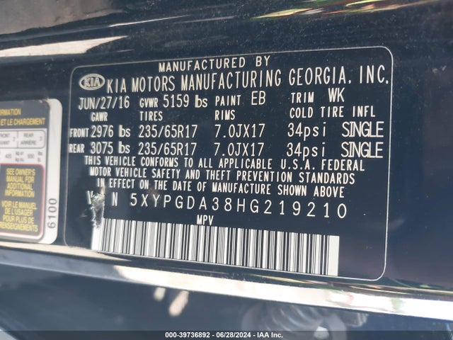 KIA Sorento 2.4l Lx 2017 5XYPGDA38HG219210 Image 9