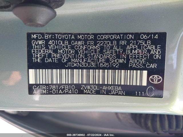 Toyota Prius Three 2014 JTDKN3DU3E1845192 Image 9