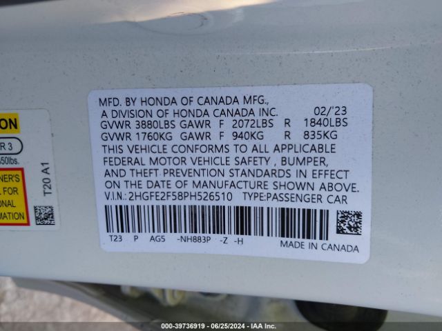 2HGFE2F58PH526510 Honda Civic Sport