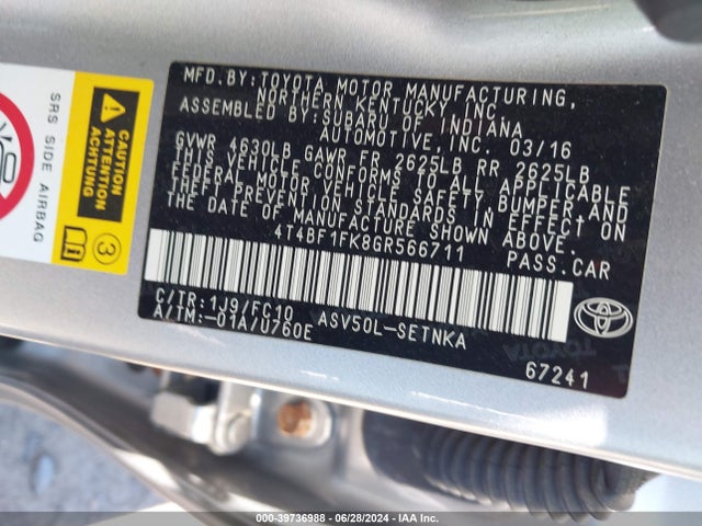 Toyota CAMRY LE 2016 4T4BF1FK8GR566711 Image 9