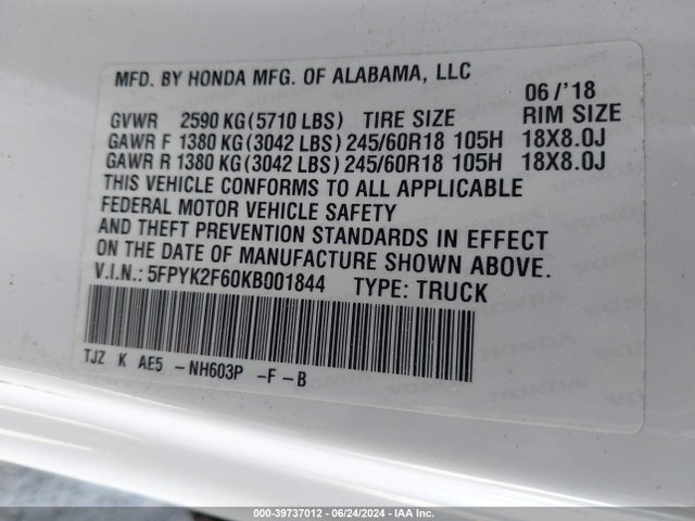 Honda Ridgeline Rtl-t 2019 5FPYK2F60KB001844 Image 9