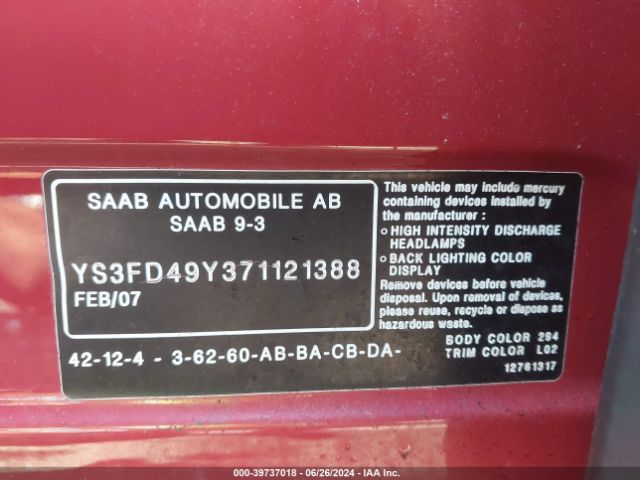 2007 SAAB 9-3 YS3FD49Y371121388 Photo 8