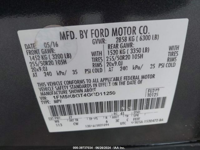 1FM5K8GT4GGD11250 Ford EXPLORER SPORT